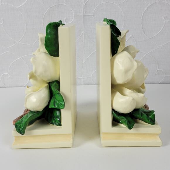 Vintage 1995 CBK Magnolia Flower Blossom Bookends Heavy Resin Cast Hand Painted - Picture 2 of 14